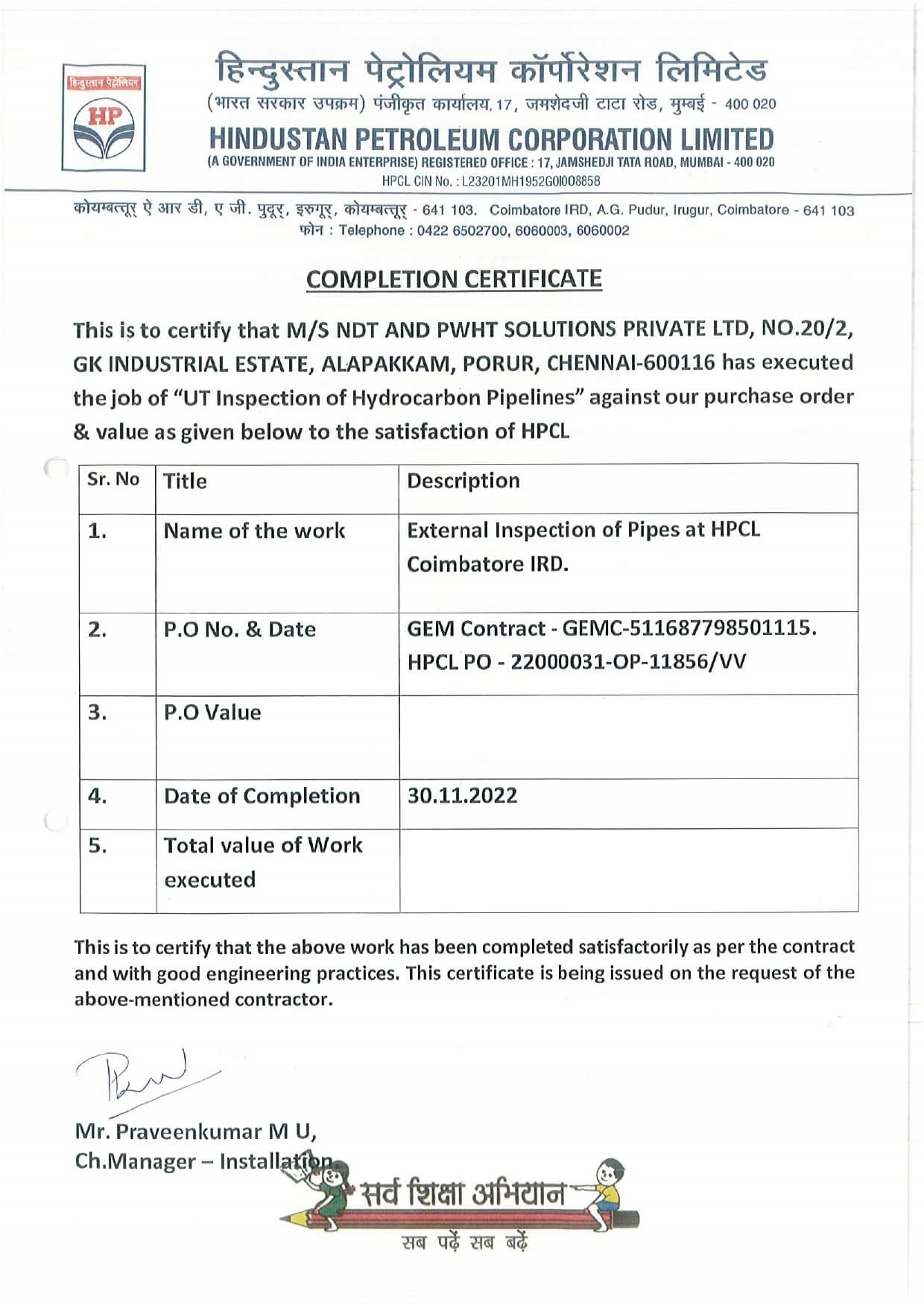 Project Completion Certificate for Ultrasonic testing of Pipeline-Hindustan Petroleum Corporation Limited,