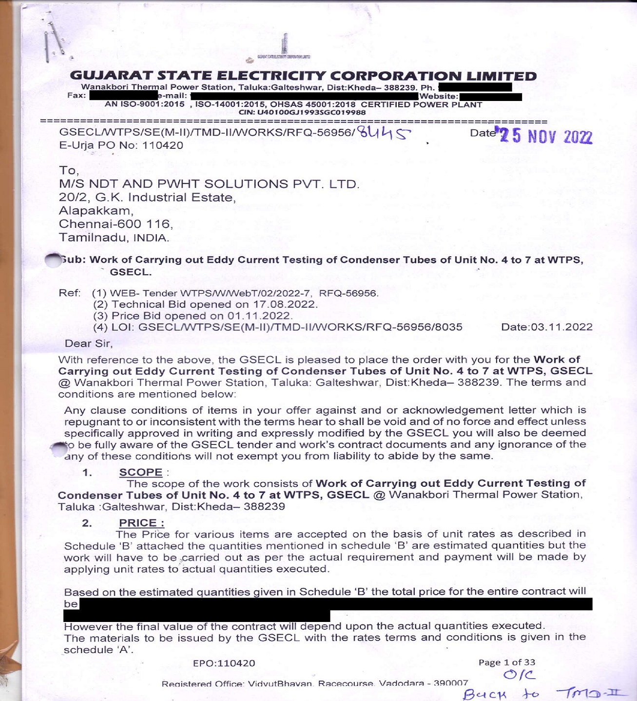 GUJARAT STATE ELECTRICITY CORPORATION LIMITED (GSECL),  Wanakbori Thermal Power Station (WTPS), Taluka: Galteshwar, Dist. Kheda – 388239.