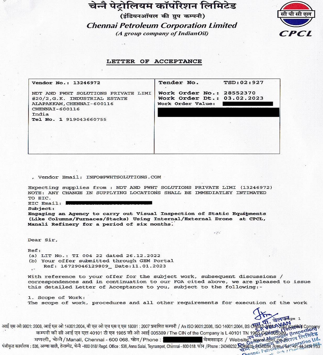 Chennai Petroleum Corporation limited (CPCL) Manali, Chennai – 600068