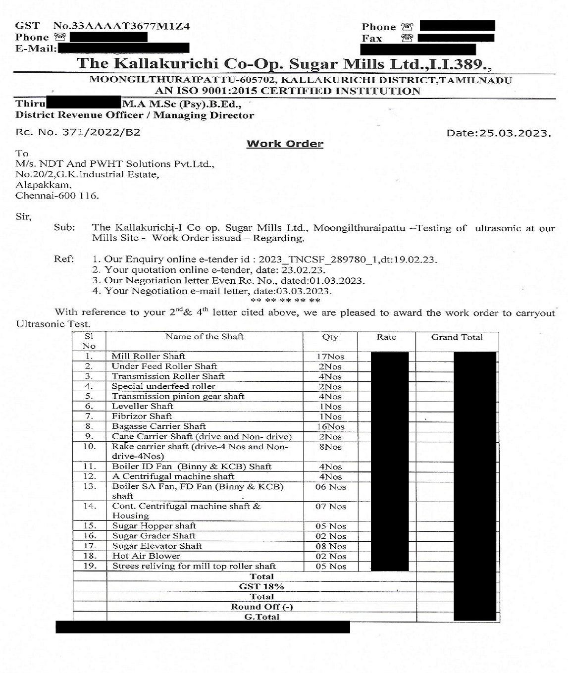 The Kallakurichi Co-op. Sugar Mills Ltd Moongilthuraipattu-605702, Kallalurichi District, Tamil Nadu.