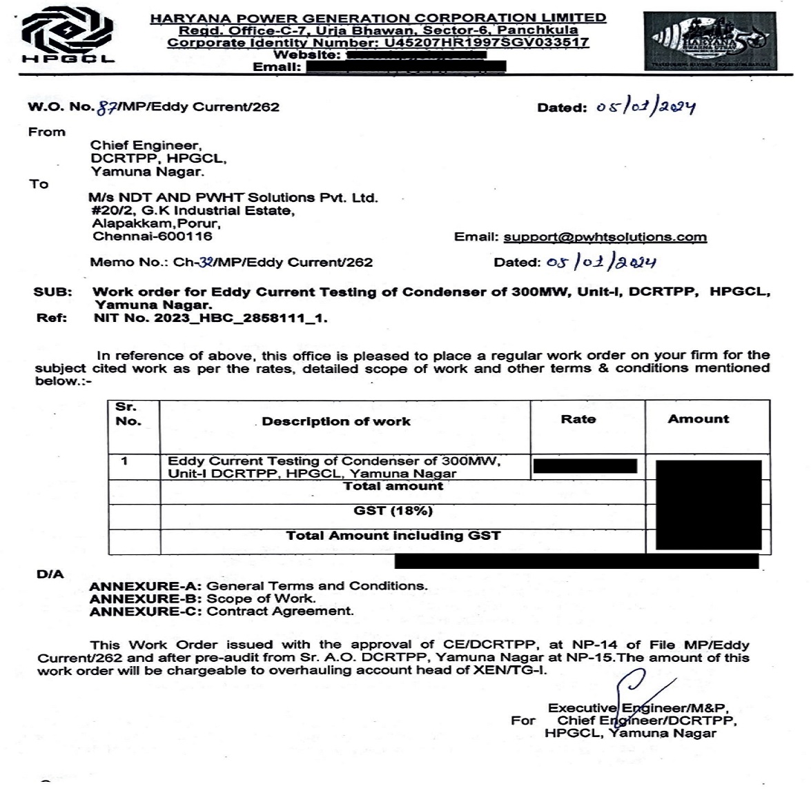 Haryana Board Corporation, Haryana Power Generation Corporation Ltd (HPGCL), DCRTPP WYC V.P.O Pansara, Distt.- Yamuna Nagar (Haryana),PIN -135001