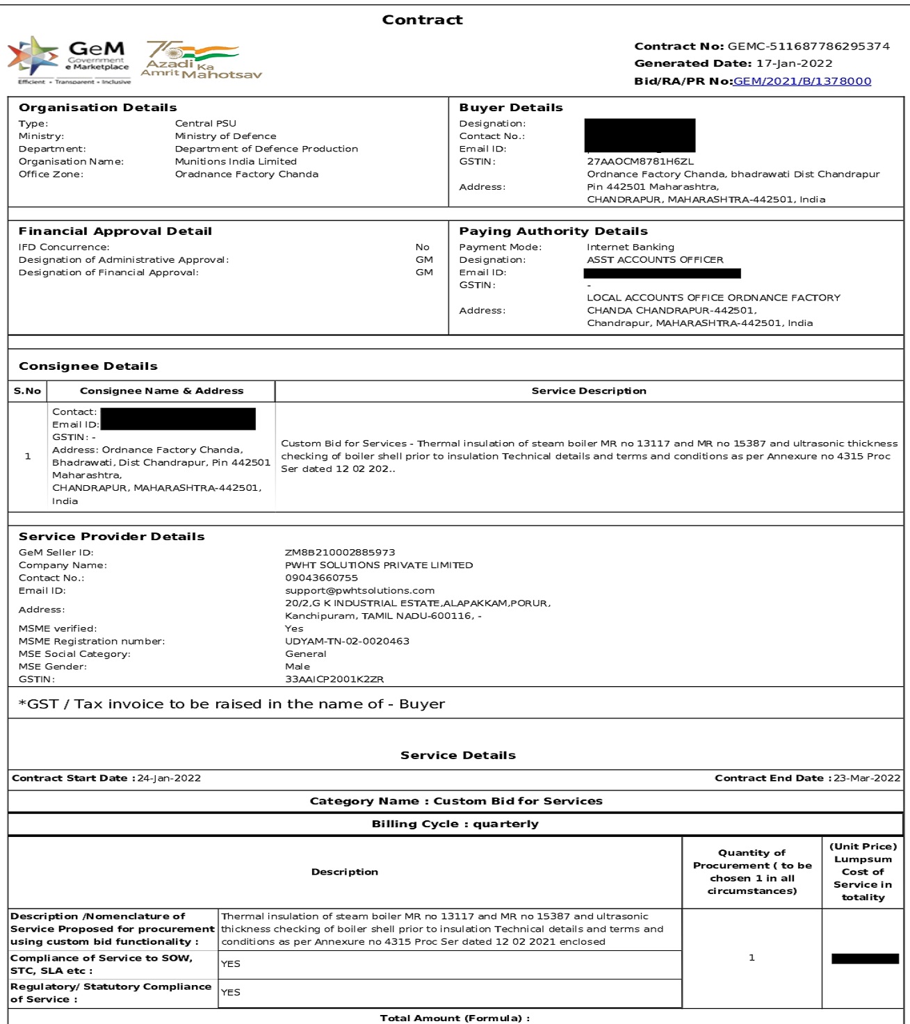 Munitions India Limited, Ordnance Factory Chanda, bhadrawati Dist, CHANDRAPUR, MAHARASHTRA 44250